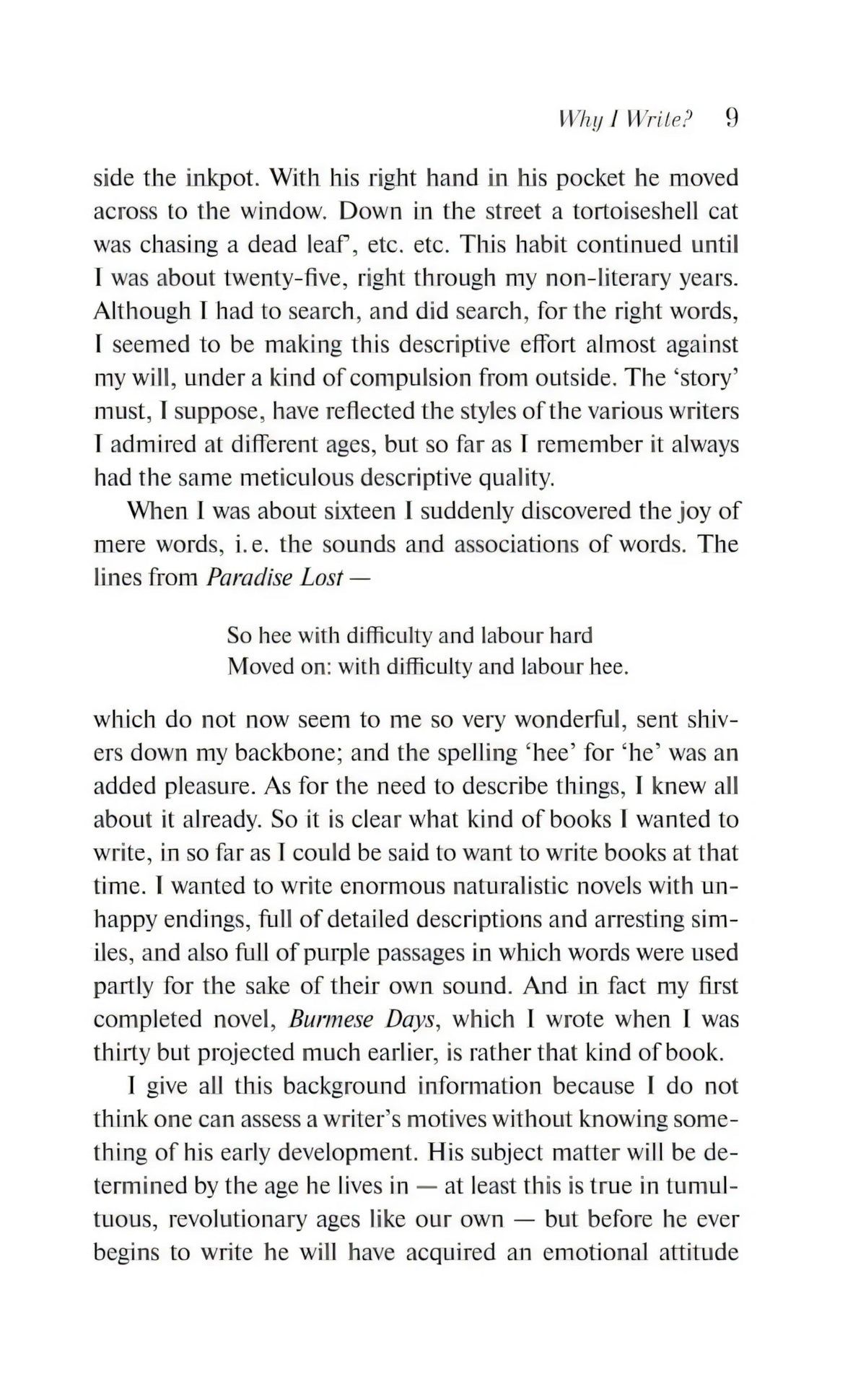Страница 9 эссе Why I Write? с английским текстом и цитатой из Paradise Lost