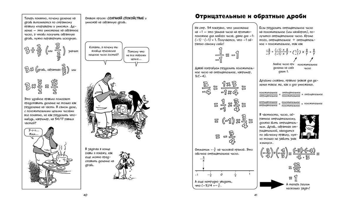 Разворот страниц 40–41 о дробях и отрицательных числах с чёрно-белыми комиксами.