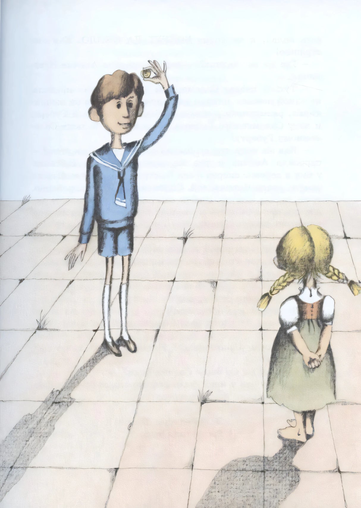 Иллюстрация: мальчик с часами и девочка на городской плитке