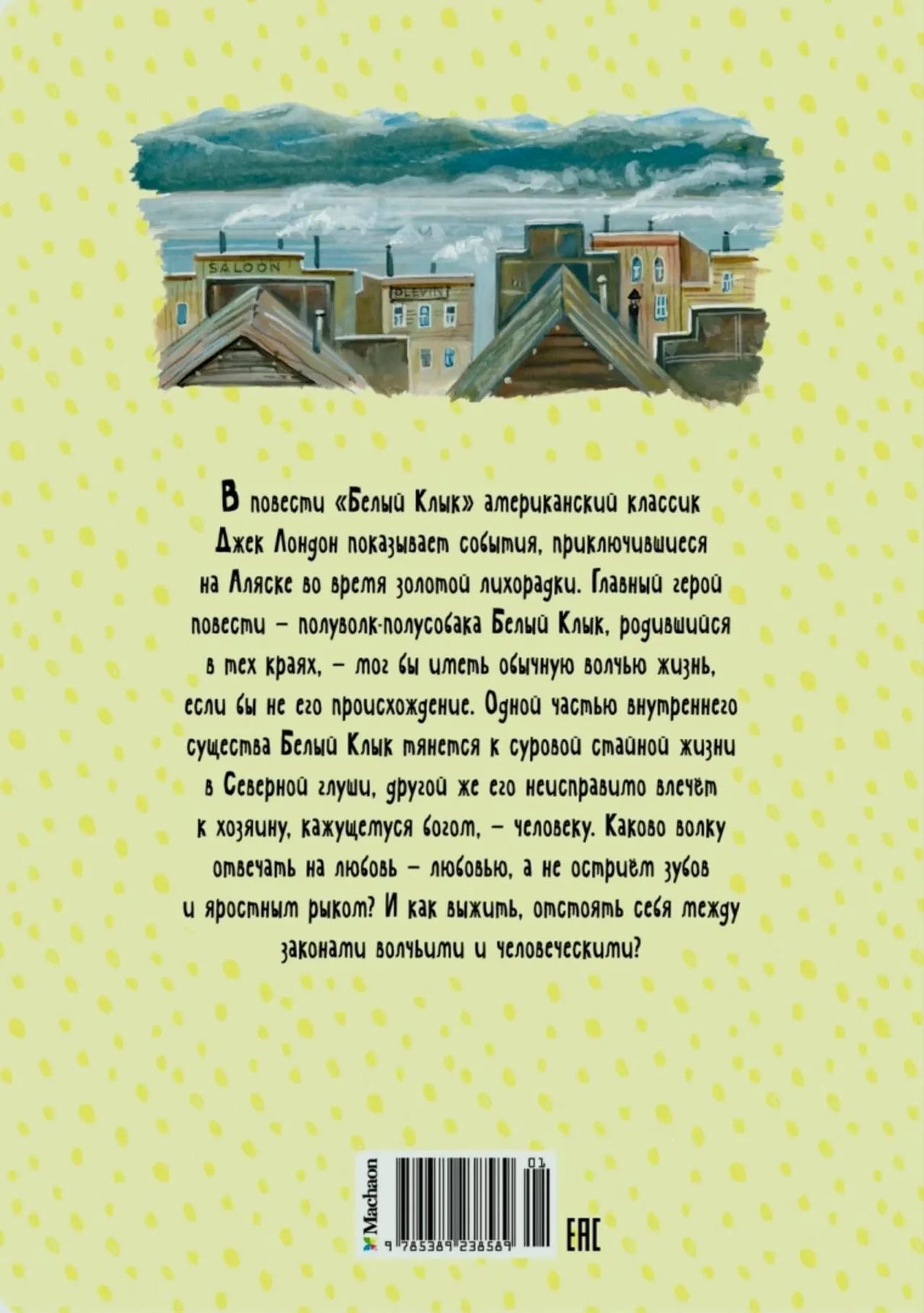 Задняя обложка книги с аннотацией, пейзажем города и штрихкодом.