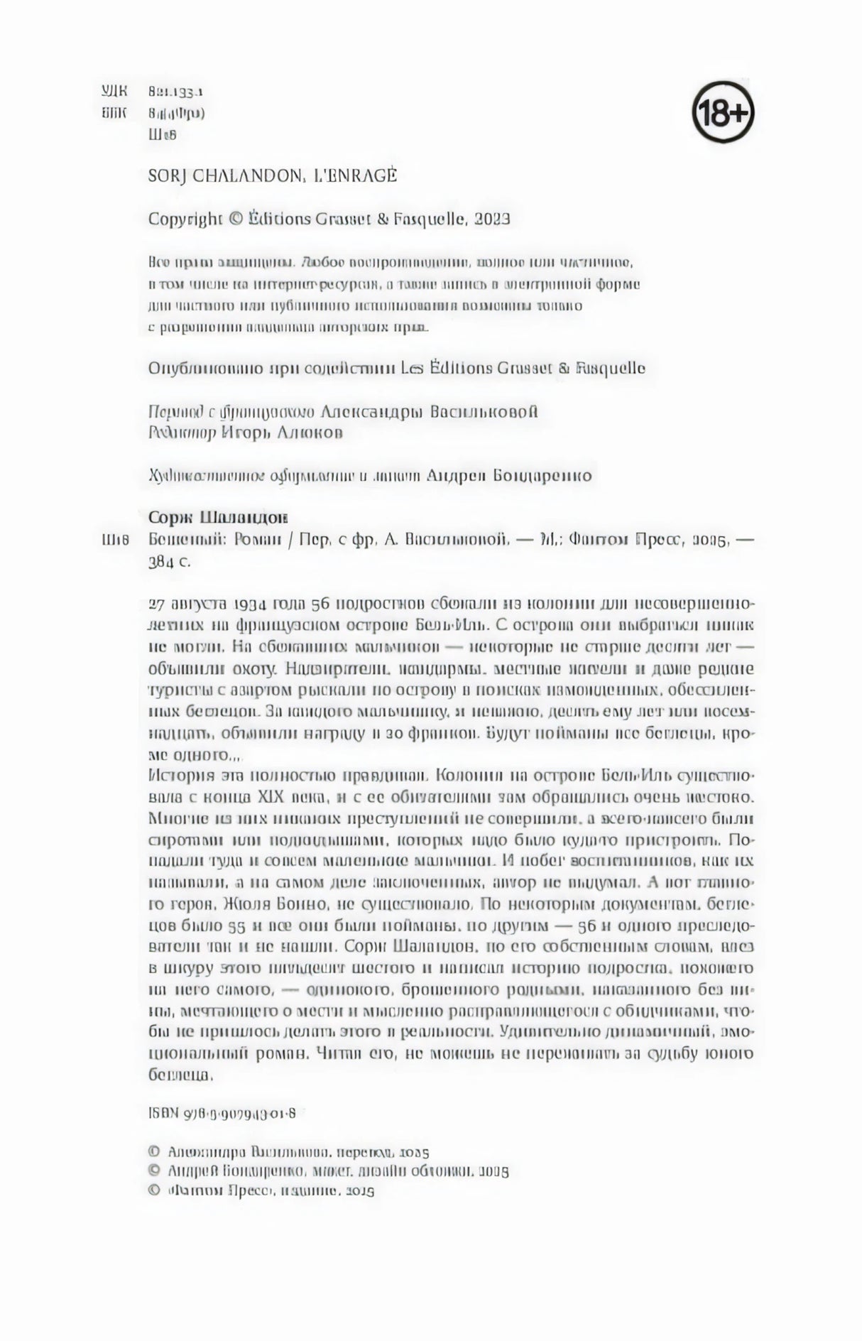 Выходные данные и аннотация книги, страница с копирайтом и маркировкой 18+
