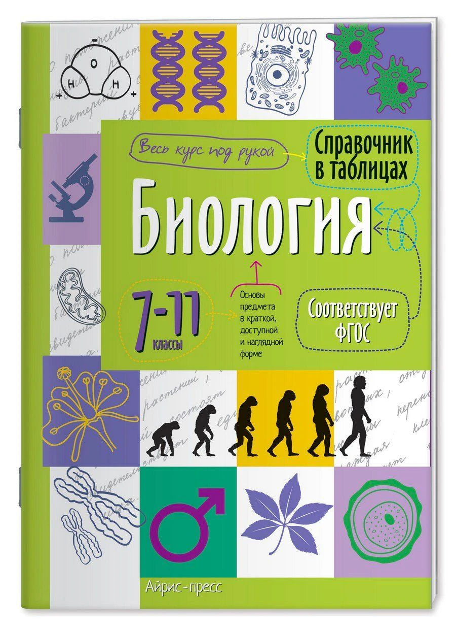 Обложка справочника «Биология. 7–11 классы» с биологическими схемами.