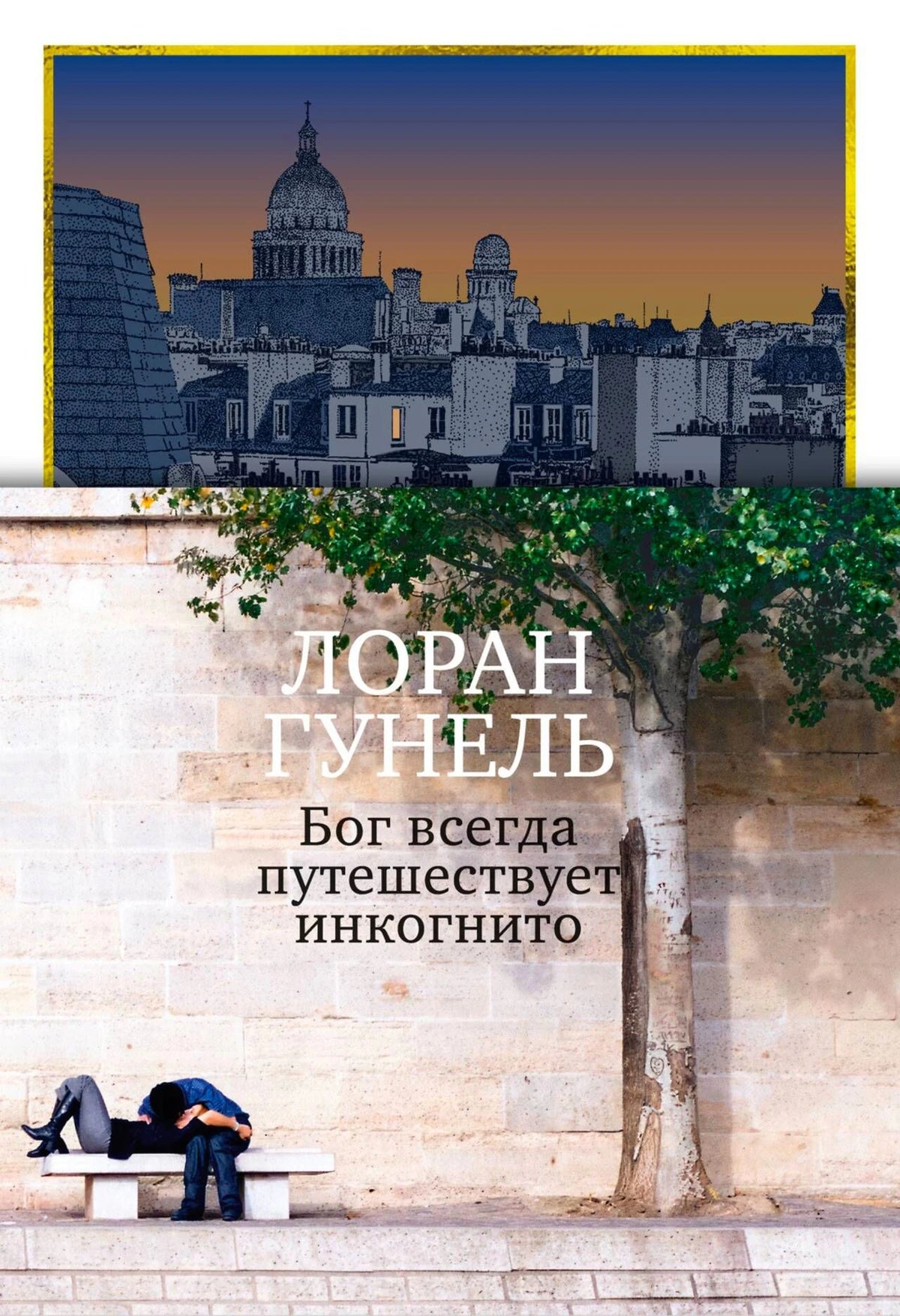 Лицевая обложка: парижские крыши, дерево у стены и мужчина на скамье.