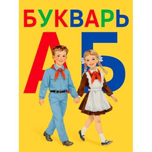 Жёлтая обложка букваря с пионером и школьницей на фоне букв А и Б