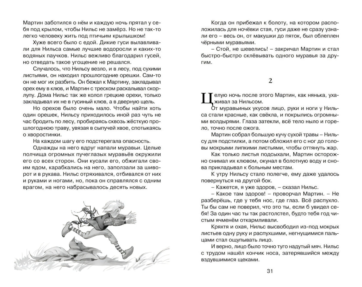 Разворот страниц 30–31 с текстом и рисунком Нильса, бегущего от муравьёв