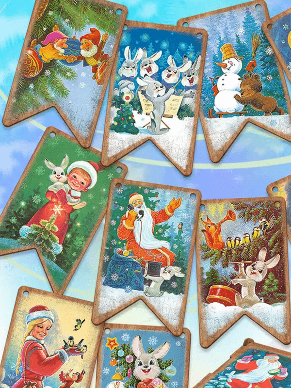 Флажки деревянные на елку, 10 штук в коробке. Дед мороз с подарками. С Новым годом!