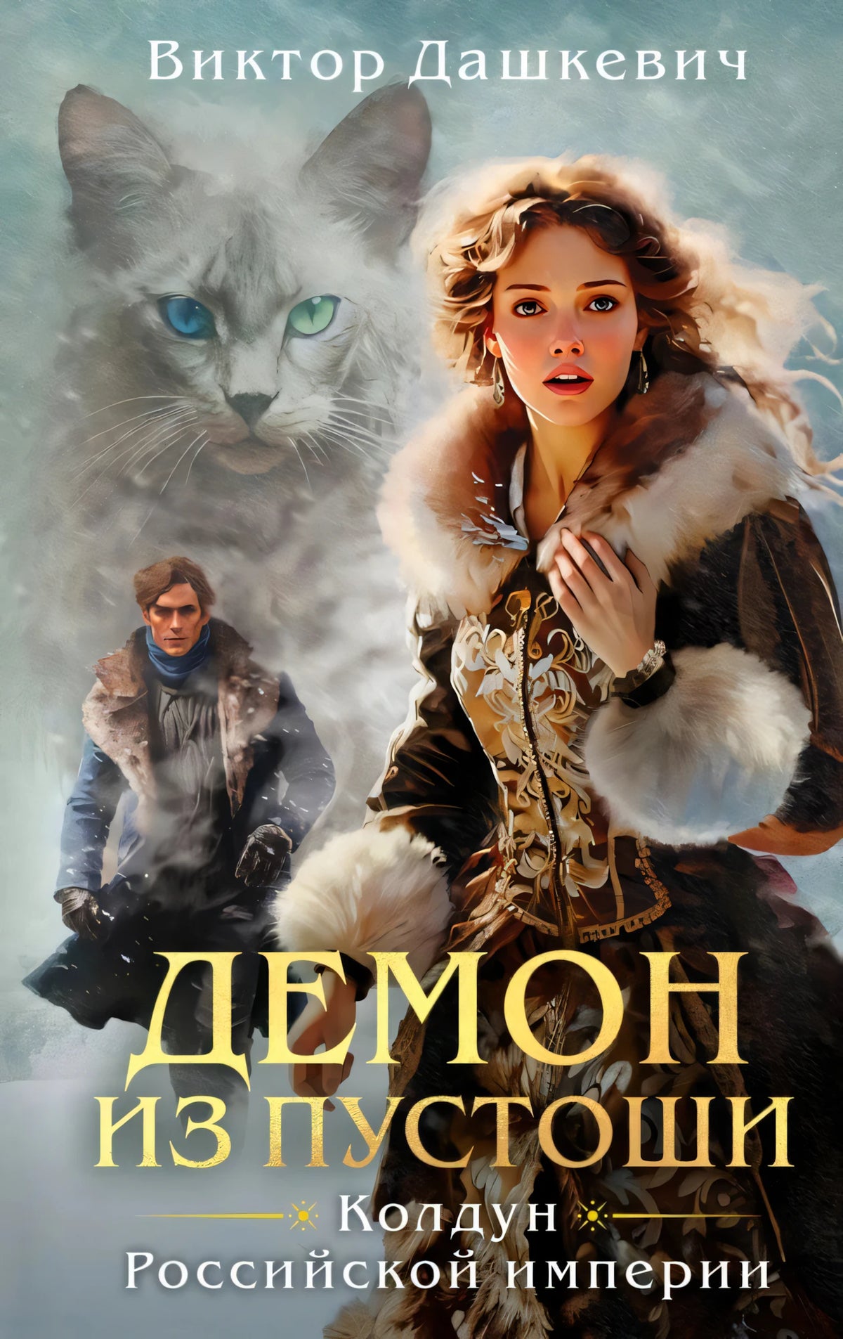 Обложка книги «Демон из Пустоши» с девушкой, котом и мужчиной на снегу