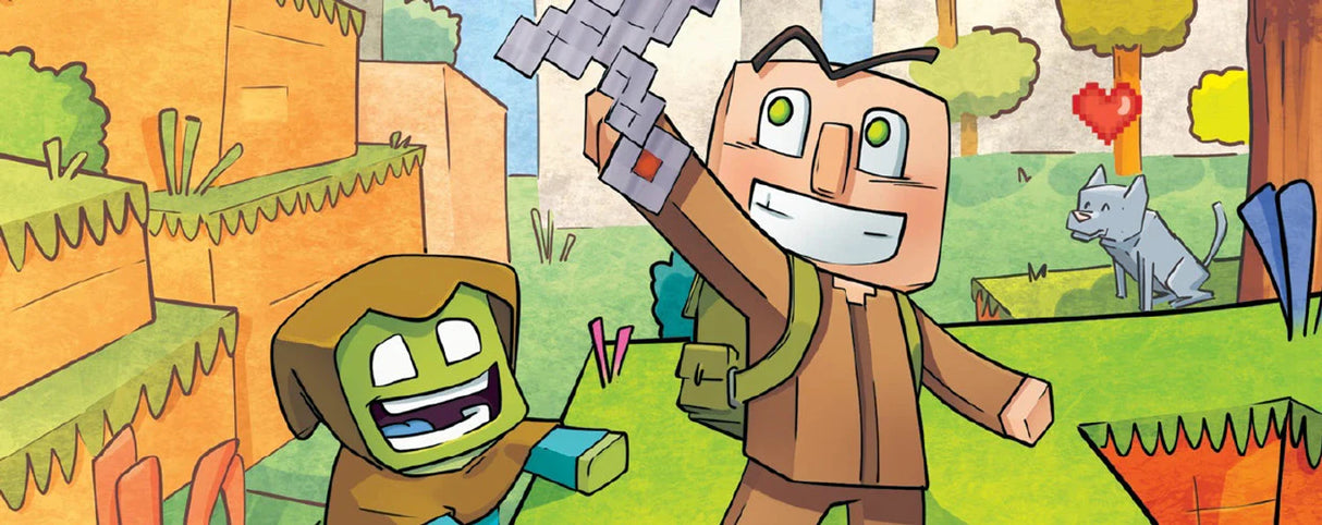 Широкий иллюстрированный разворот: два персонажа Minecraft на фоне цветного пейзажа с кубическими деревьями.