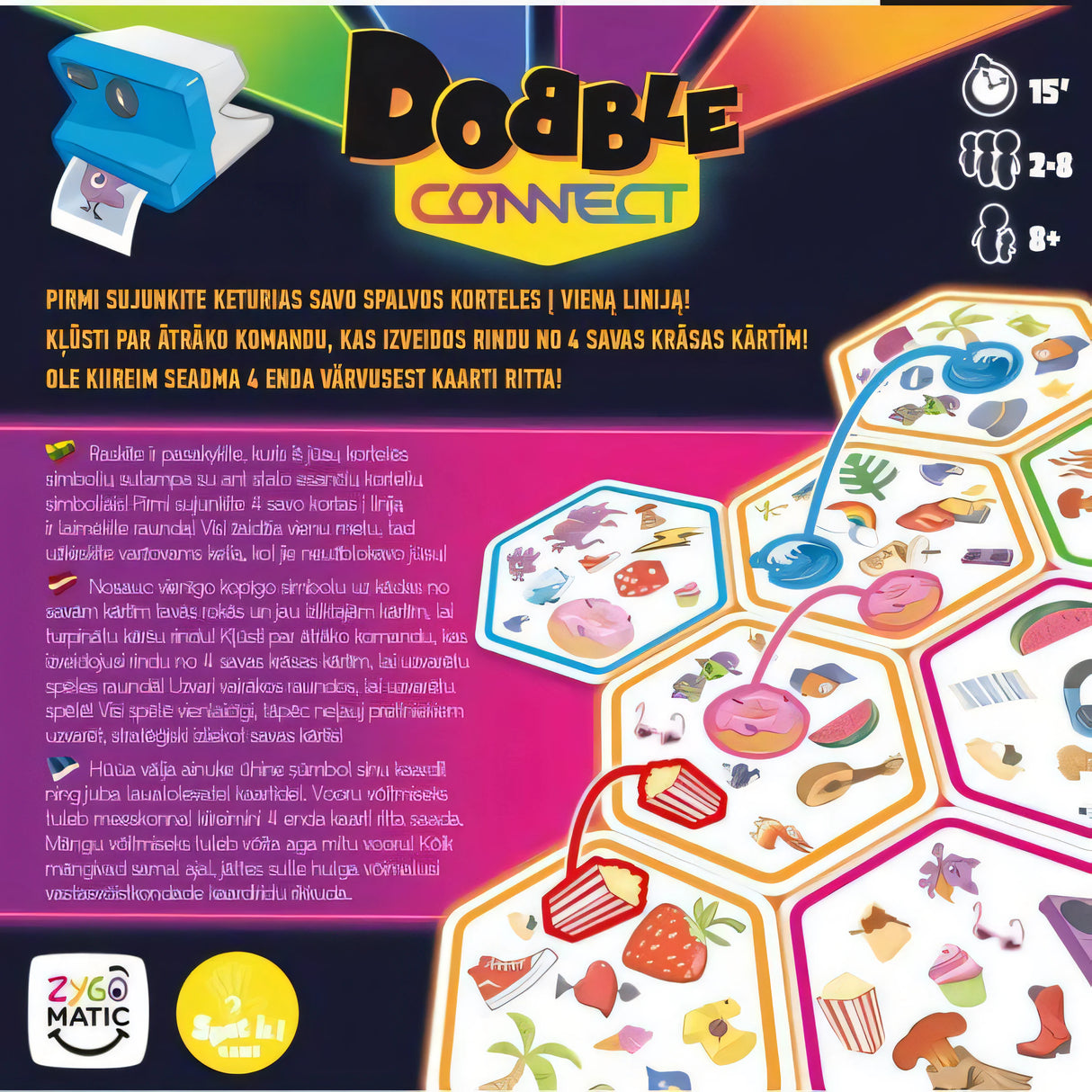 Задняя сторона коробки Dobble Connect (балтийская версия) с правилами игры и разложенными картами