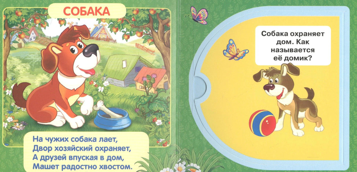 Разворот «Собака»: иллюстрация собаки с миской, стихотворение, окошко с собакой и мячом