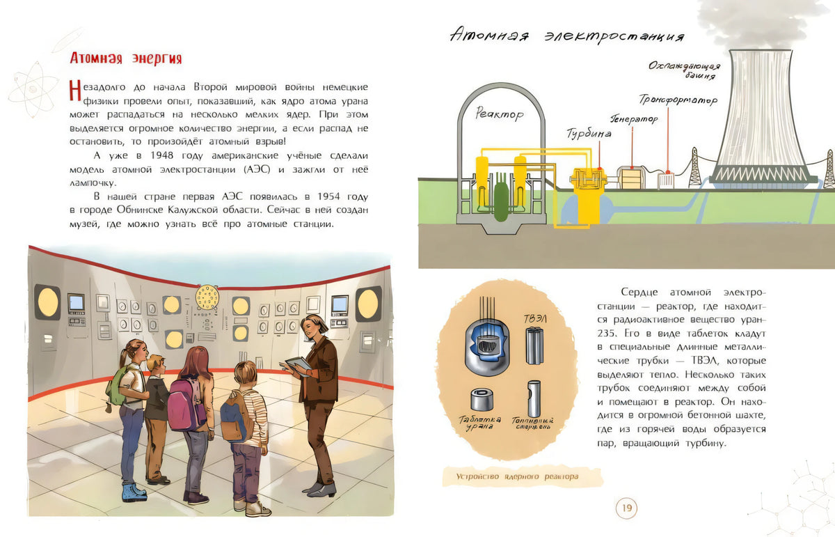 Разворот «Атомная энергия» со схемой АЭС и школьниками в музее
