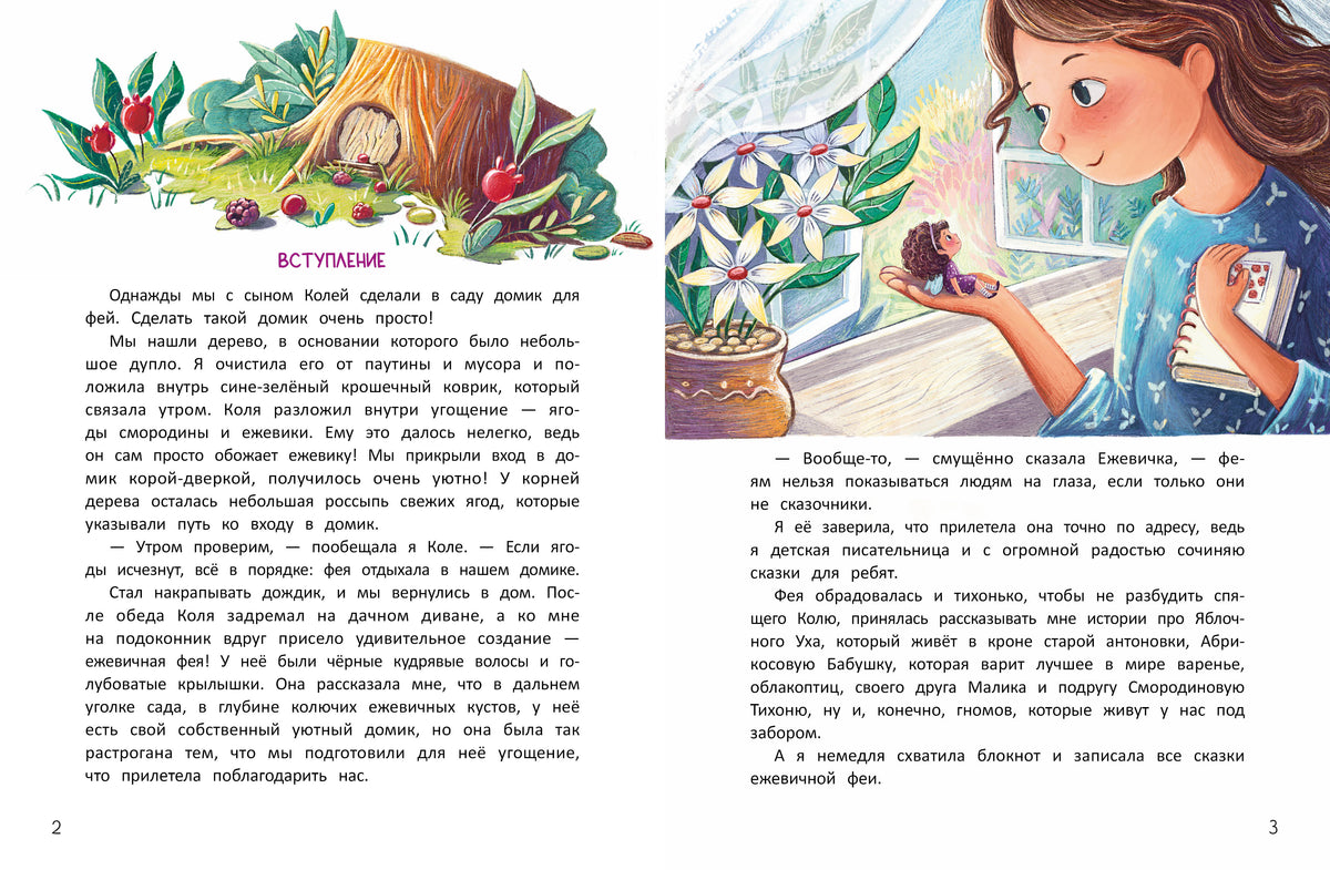 Разворот вступления, страницы 2–3, с текстом и иллюстрациями Ежевичной феи