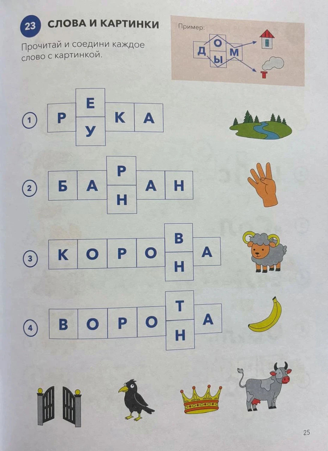 Страница 25: задание «Слова и картинки» с кроссвордами и рисунками