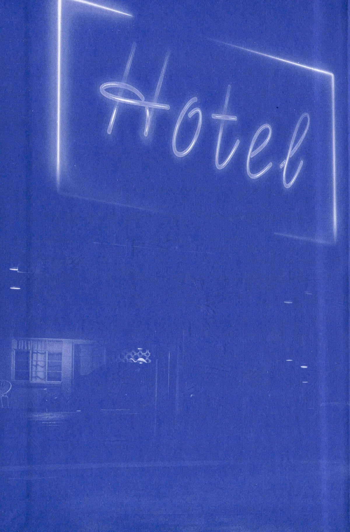 Синяя монохромная иллюстрация ночного мотеля с неоновой вывеской Hotel.