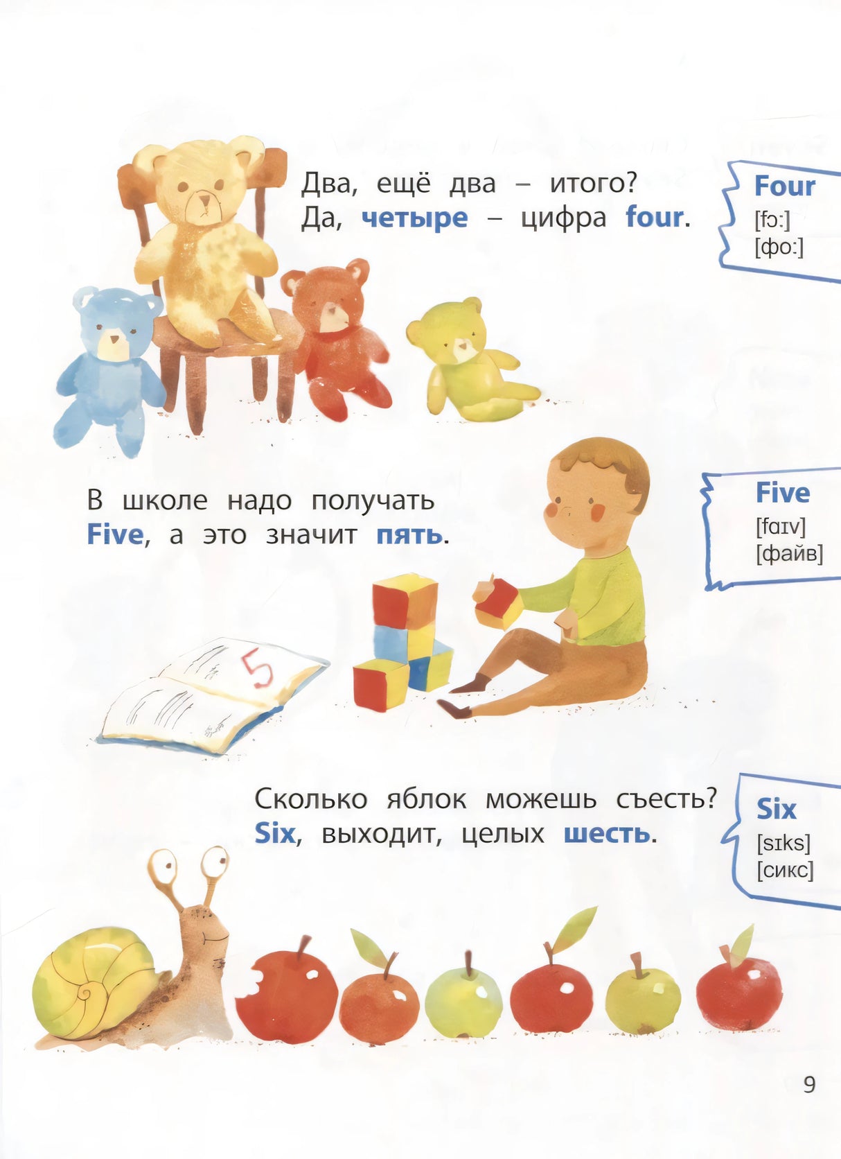 Страница 9: цифры four, five, six на английском