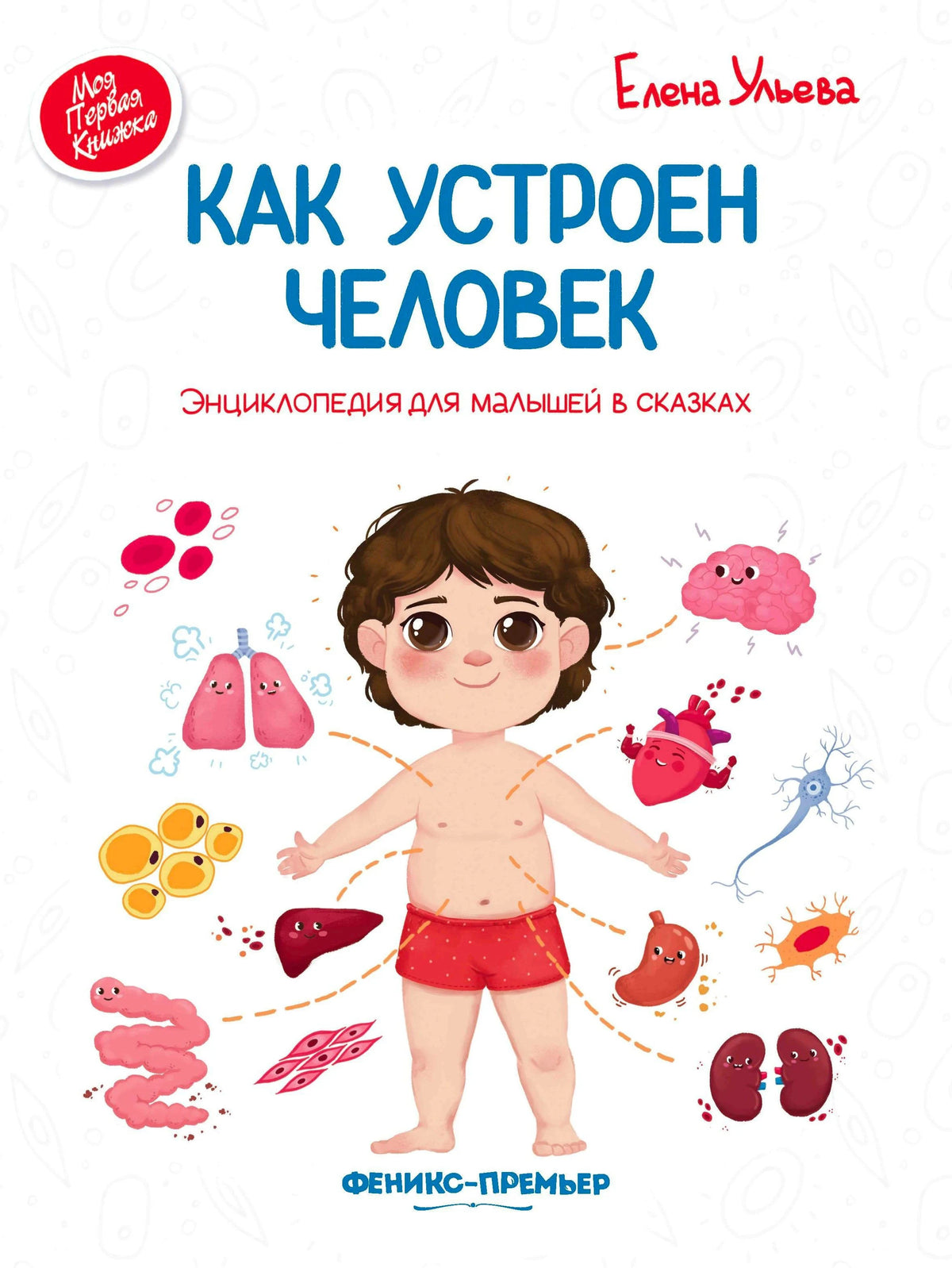 Обложка книги «Как устроен человек» с мальчиком и рисунками органов