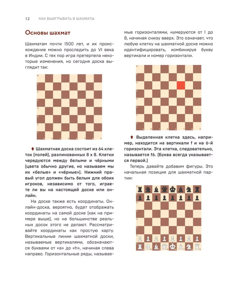 Страница 12 с основами шахмат и схемами шахматной доски.