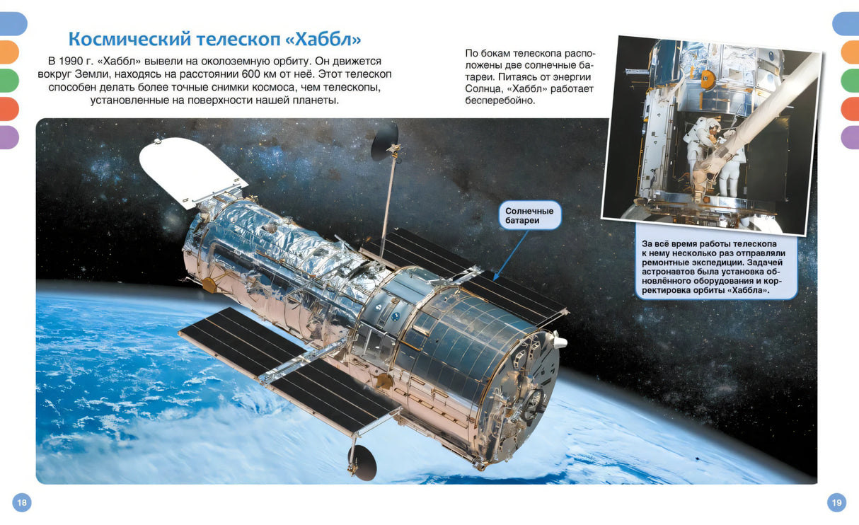 Разворот стр. 18–19: «Космический телескоп Хаббл» — фото телескопа на орбите и астронавты при ремонте.