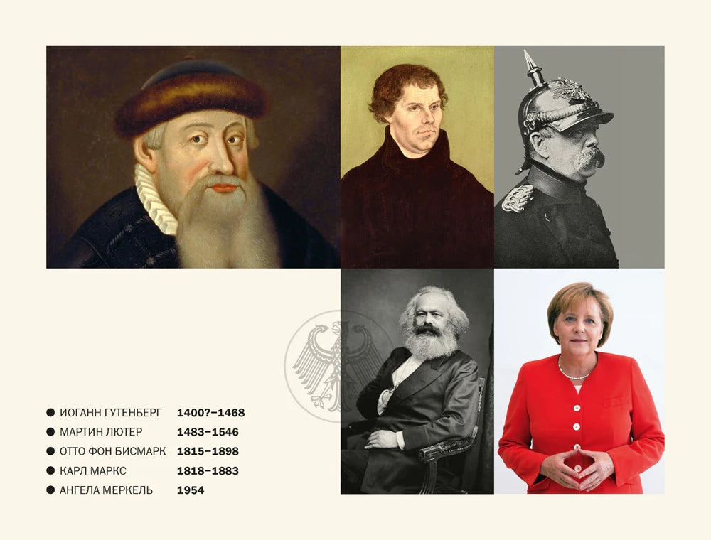 Цветная вклейка с портретами Гутенберга, Лютера, Бисмарка, Маркса и Меркель