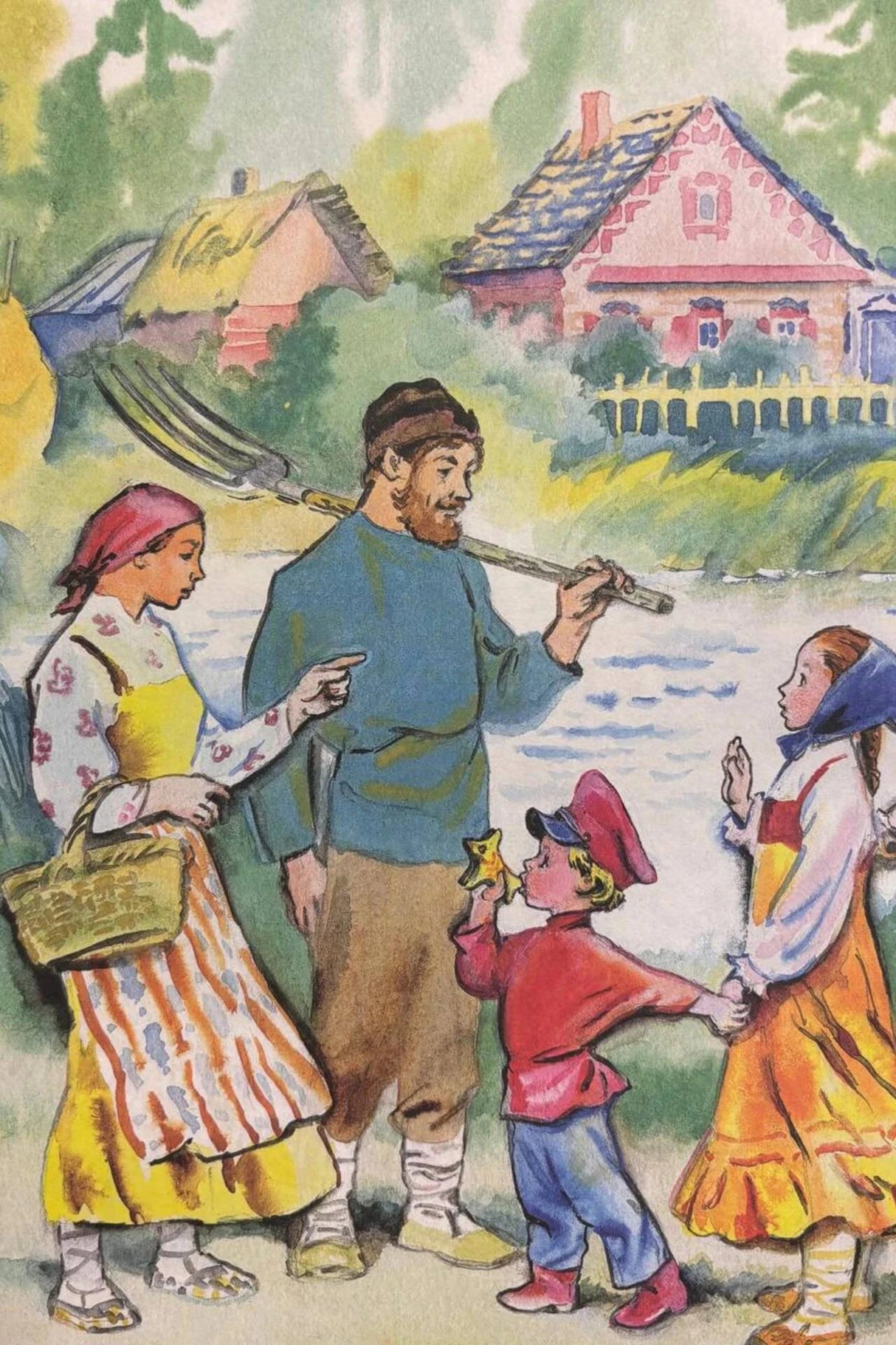 Акварельная иллюстрация семьи с детьми на фоне деревни и реки
