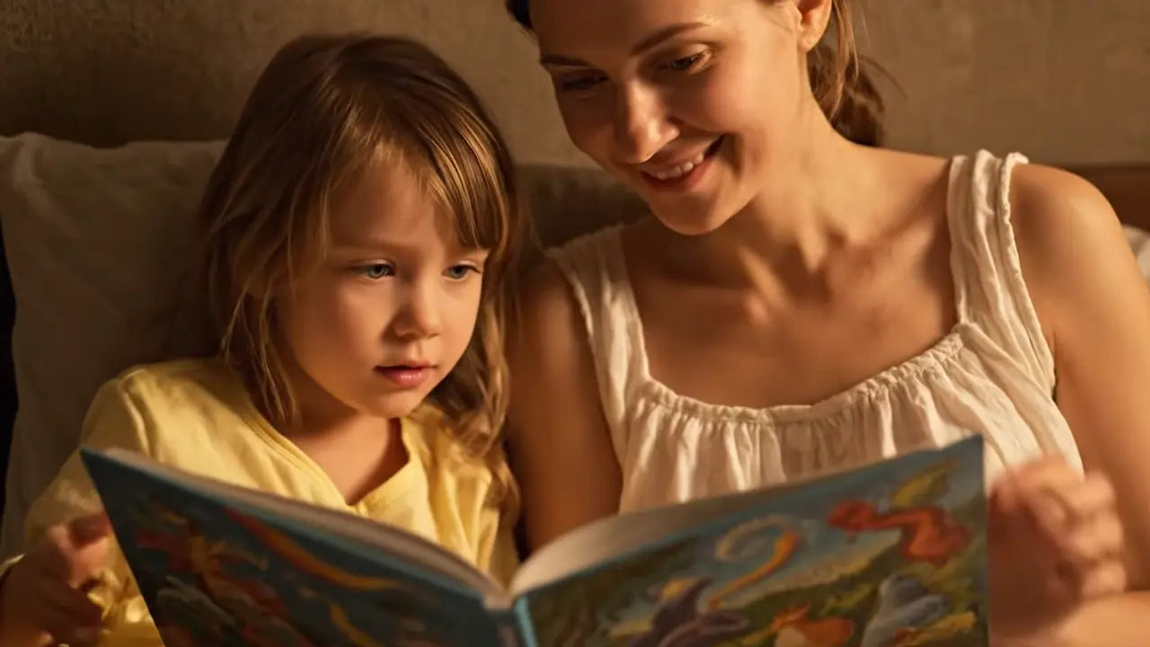 Мама читает ребёнку русскую сказку перед сном.