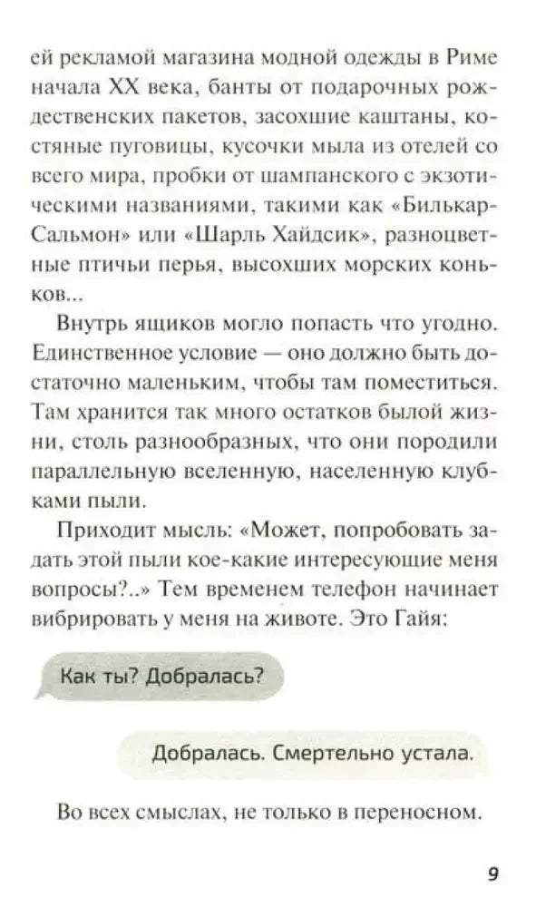 Страница 9 романа с текстом и коротким диалогом в сообщениях