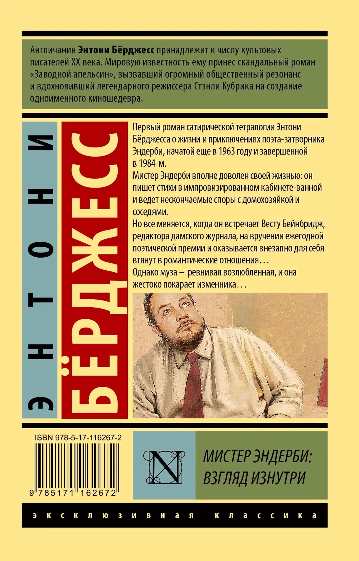 Задняя обложка книги с аннотацией, ISBN и иллюстрацией мужчины