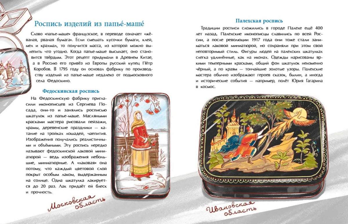 Разворот о росписи папье-маше: федоскинские и палехские шкатулки.