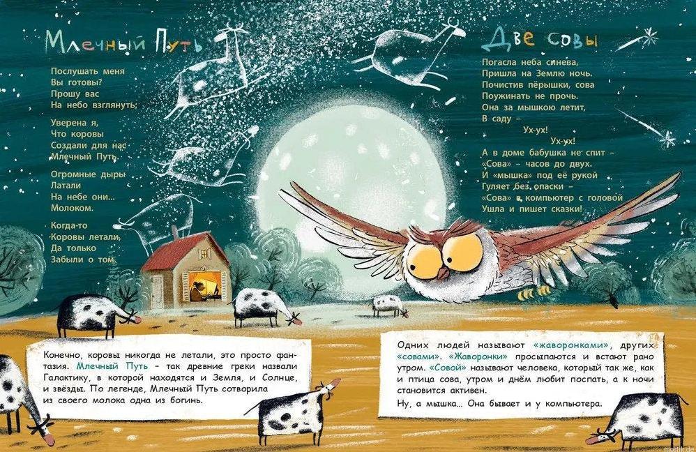 Разворот книги "Не бросай слова на ветер!" с иллюстрацией совы и Млечного пути.