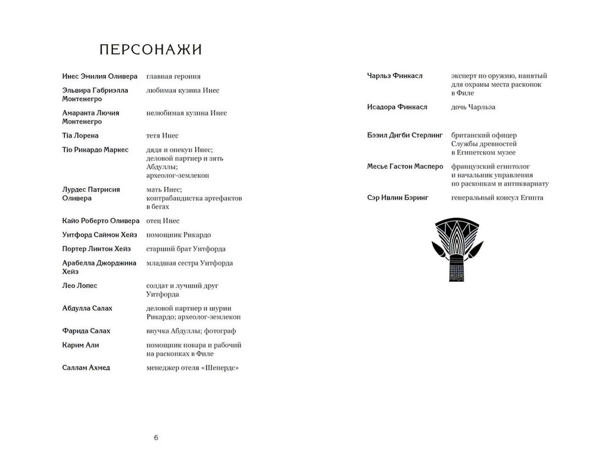 Страница «Персонажи» со списком героев книги.
