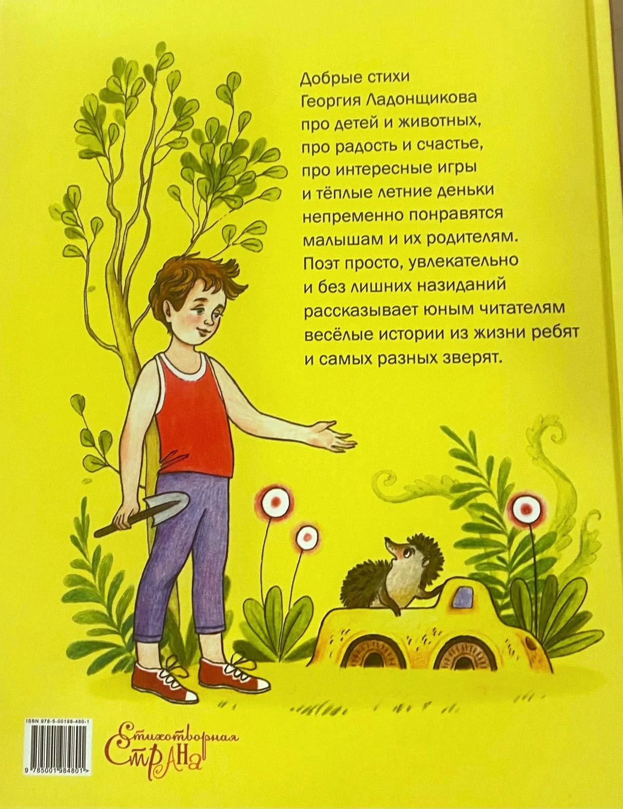 Задняя обложка с аннотацией, мальчиком и ёжиком в машинке