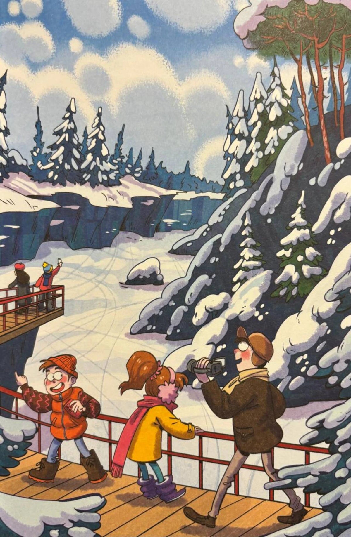 Полностраничная иллюстрация прогулки героев по зимнему парку