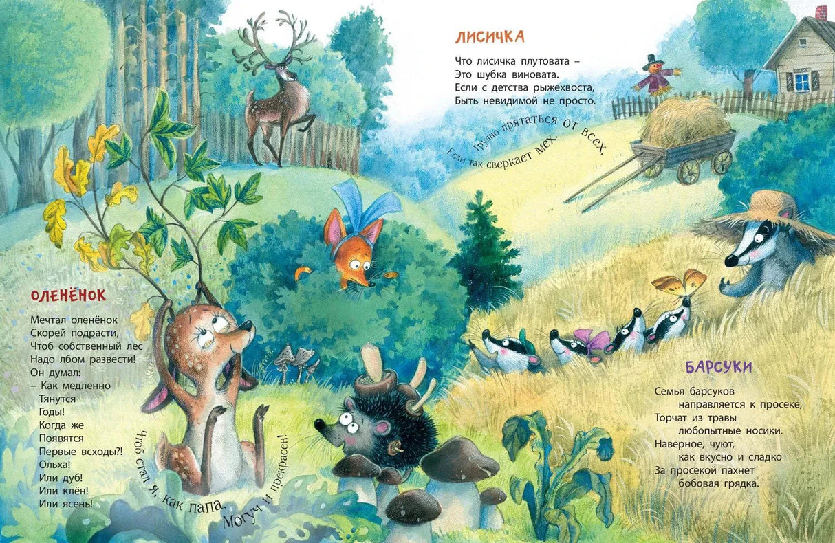 Разворот с оленёнком, лисой и барсуками в лесу