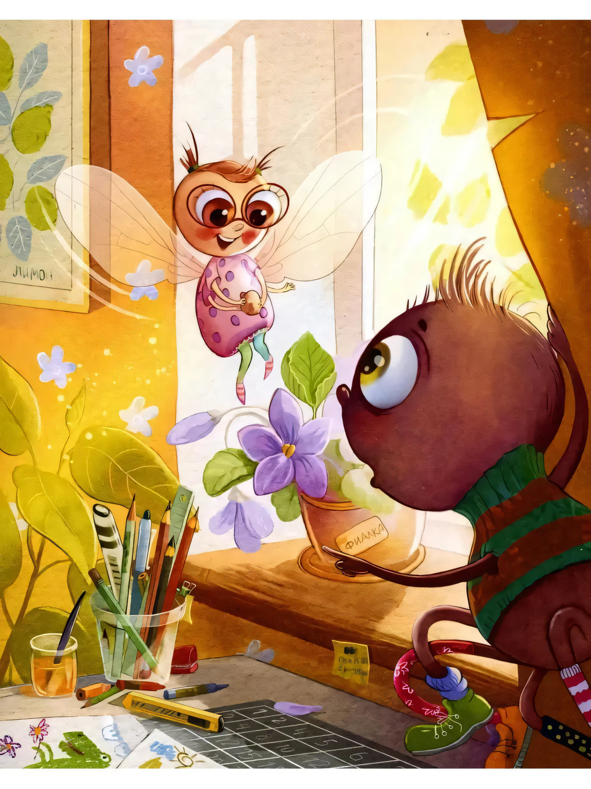 Иллюстрация: Мухля у окна разговаривает с Паучуликом