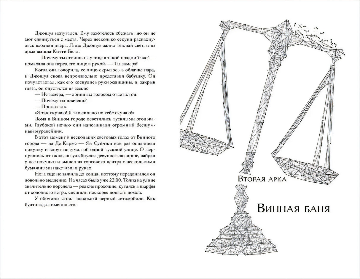 Разворот: текст и графика весов с надписью «Вторая арка Винная баня»