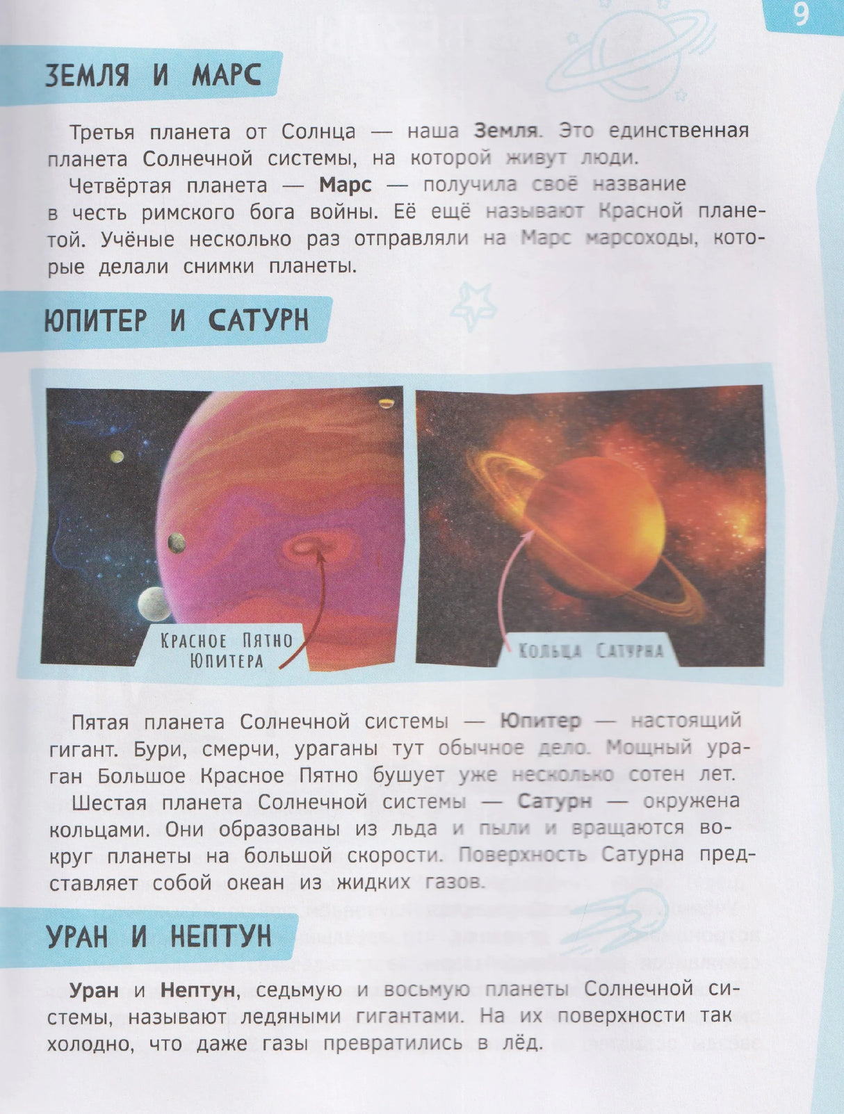 Разворот о планетах: Земля, Марс, Юпитер, Сатурн