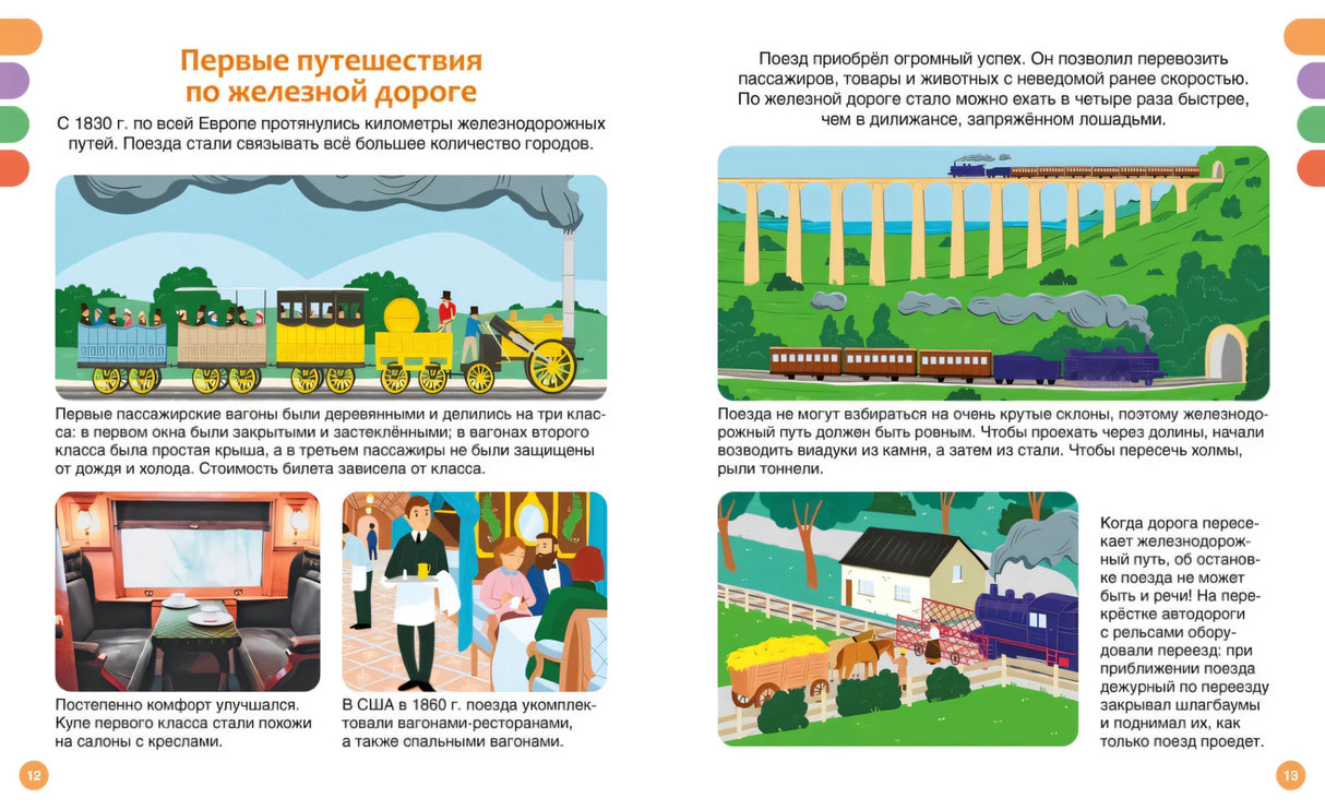 Разворот стр. 12–13 «Первые путешествия по железной дороге»: история пассажирских вагонов с 1830-х гг., иллюстрации поездов.