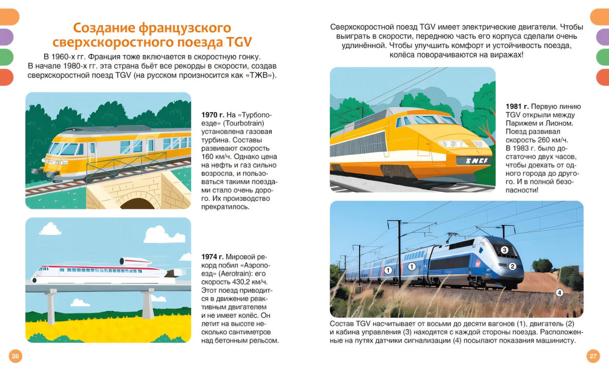 Разворот стр. 26–27 «Создание французского сверхскоростного поезда TGV»: история поездов TGV, иллюстрации и фото составов.