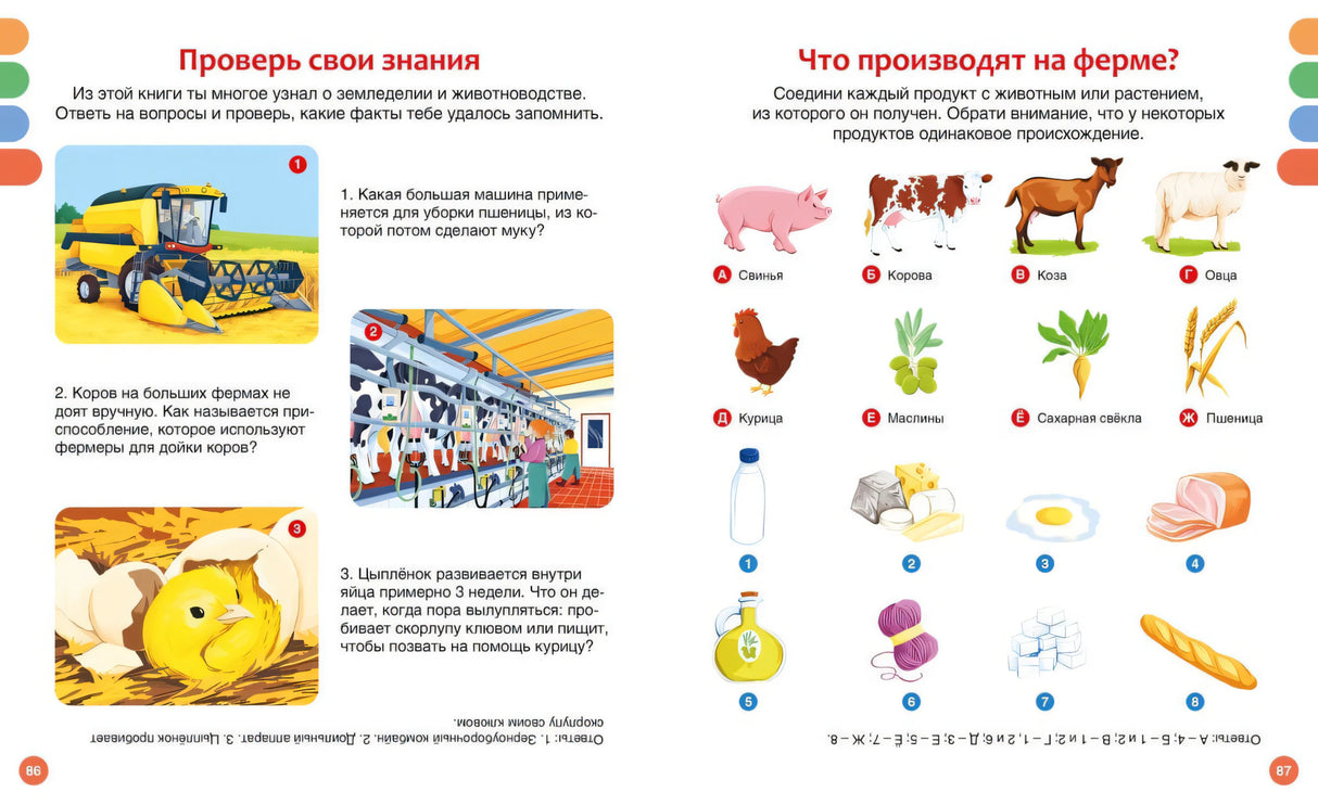 Разворот с заданиями «Проверь свои знания» и «Что производят на ферме?»