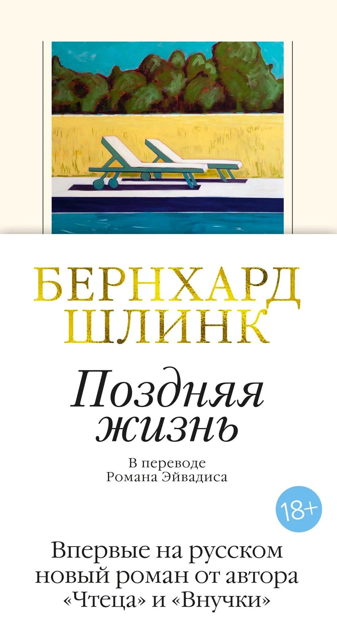 Обложка книги «Поздняя жизнь» Бернхарда Шлинка с иллюстрацией шезлонгов у бассейна