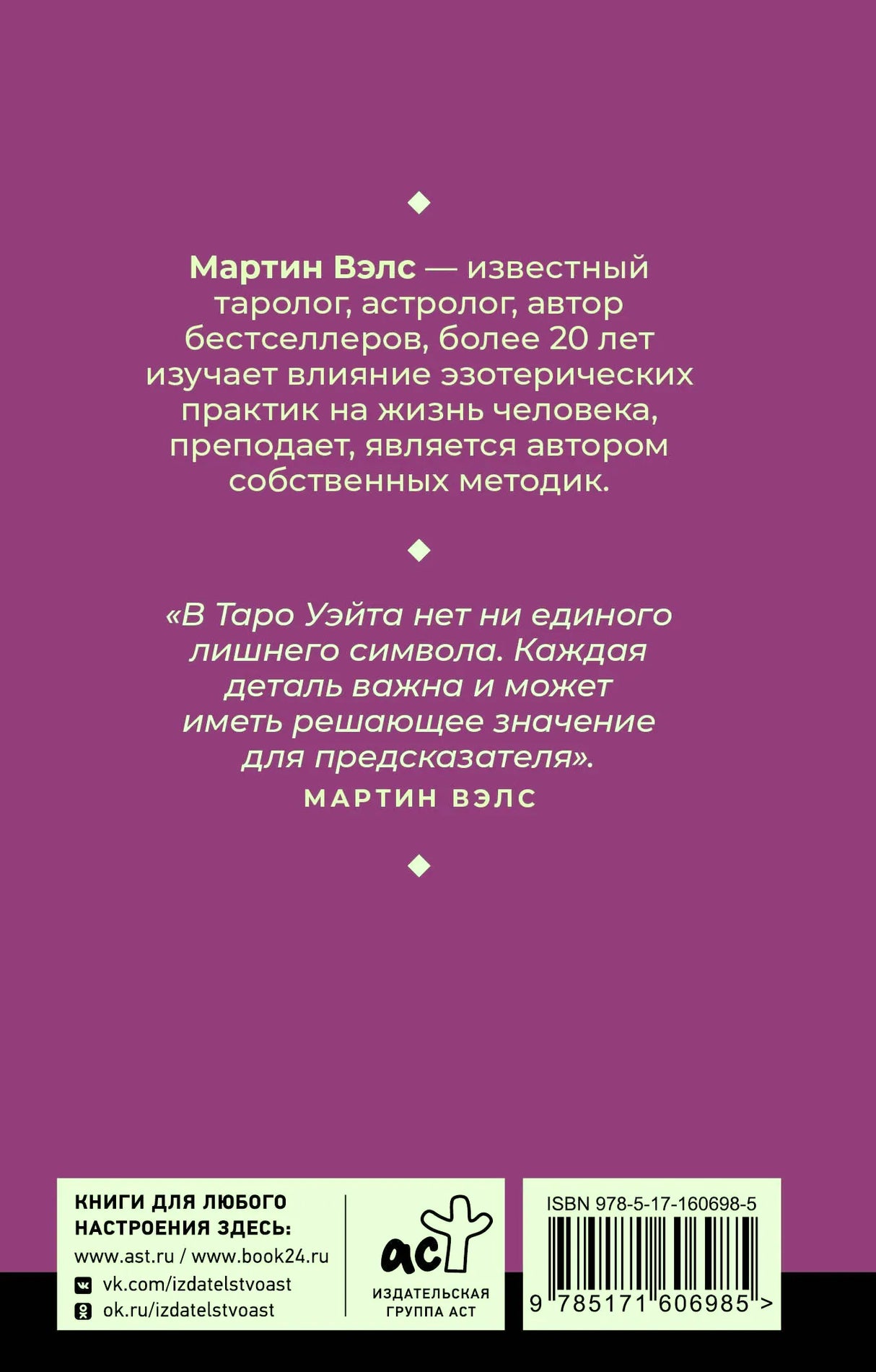 Задняя обложка «Таро Уэйта» Мартина Вэлса: биография автора, цитата, логотип АСТ, ISBN 978-5-17-160698-5