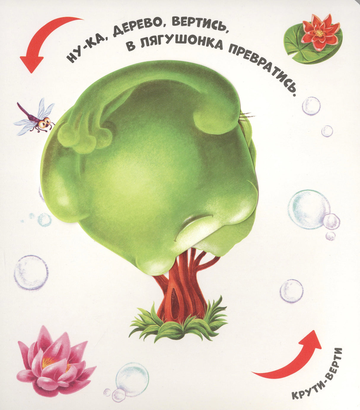 Страница с деревом-лягушкой: «Ну-ка, дерево, вертись, в лягушонка превратись», подвижная деталь