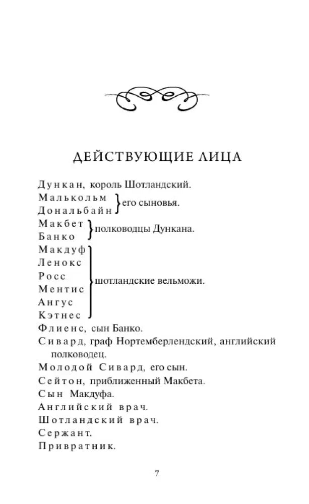 Страница «Действующие лица» со списком персонажей «Макбета»