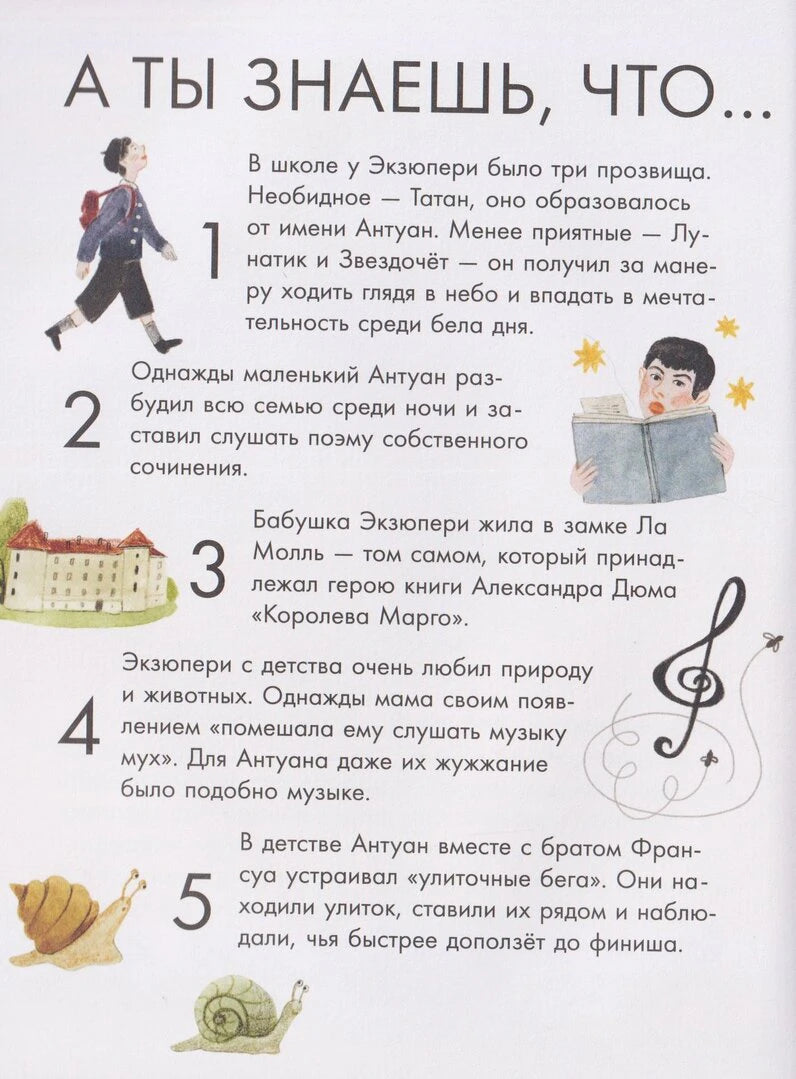 Страница «А ты знаешь, что…» с пятью фактами о детстве Экзюпери
