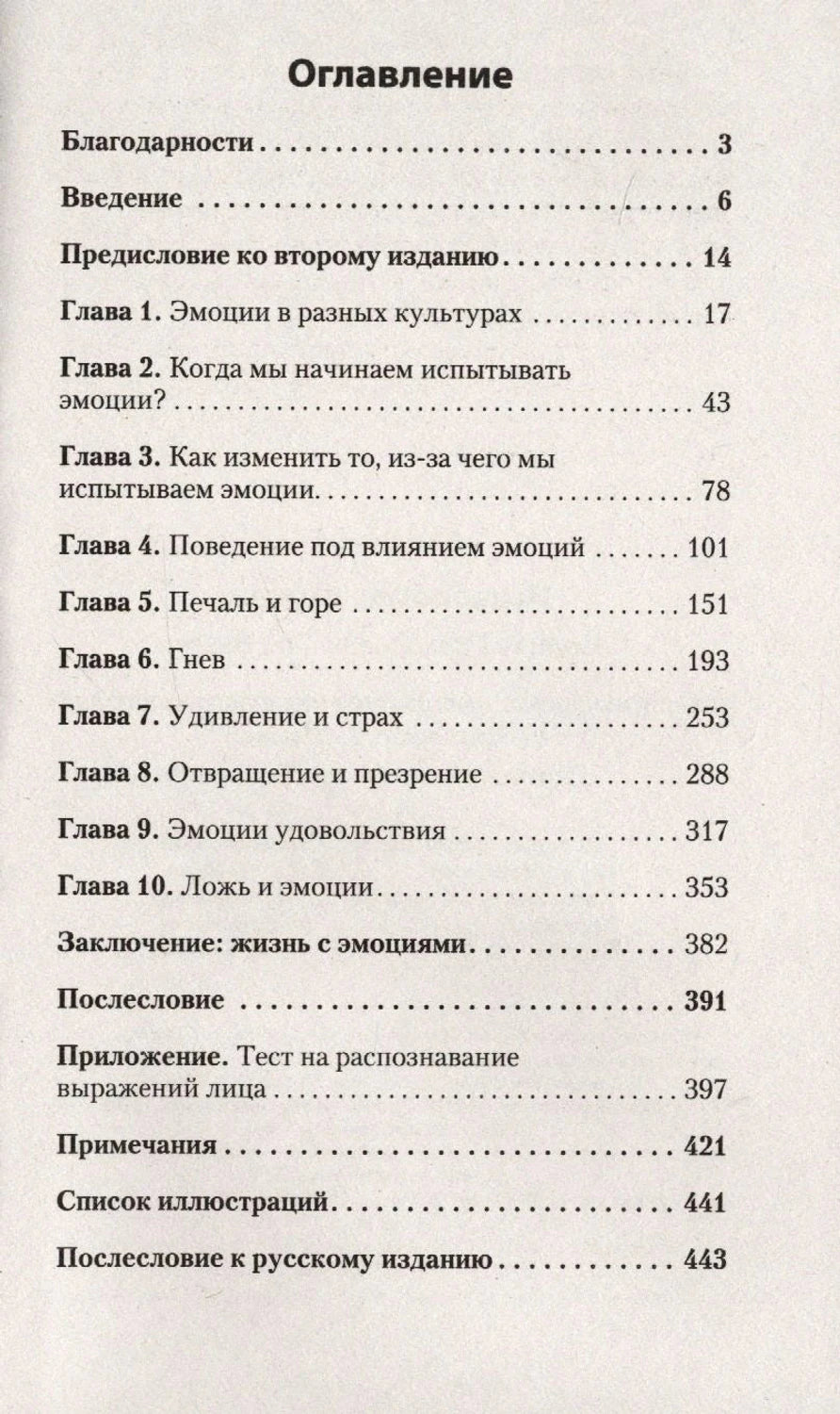 Оглавление книги: 10 глав об эмоциях, заключение, послесловие, приложение — тест на распознавание лица