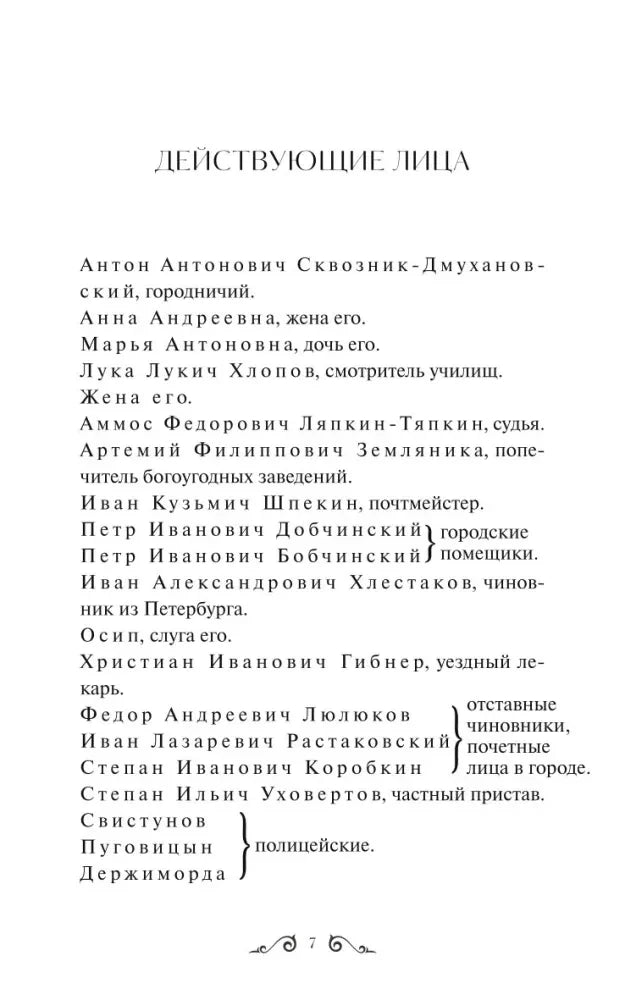 Страница «Действующие лица» со списком персонажей пьесы «Ревизор».