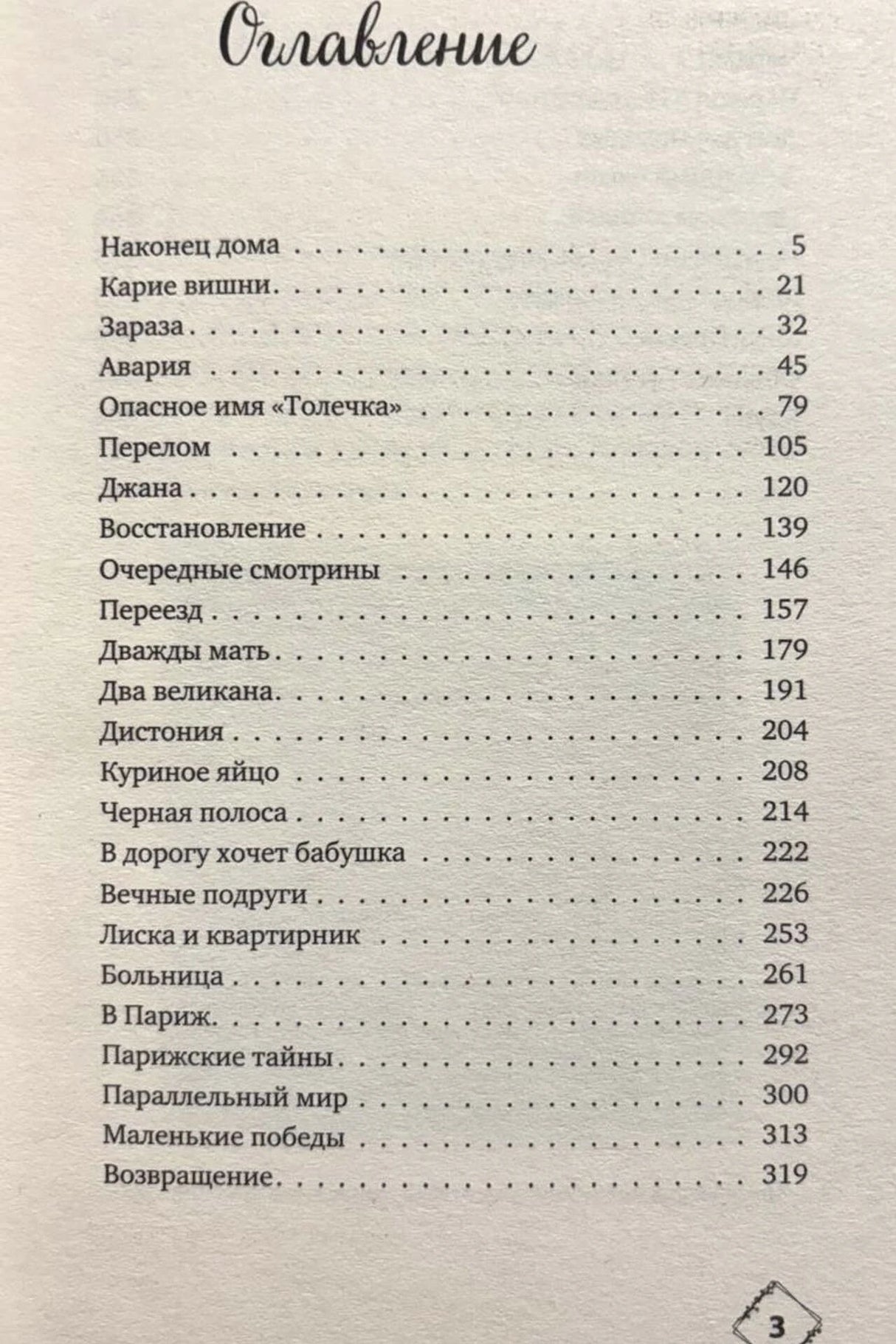 Первая страница оглавления книги с перечнем глав и номерами страниц