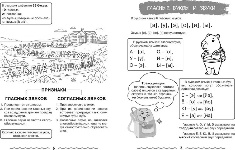 Разворот страниц 6–7 о гласных буквах и звуках русского языка.