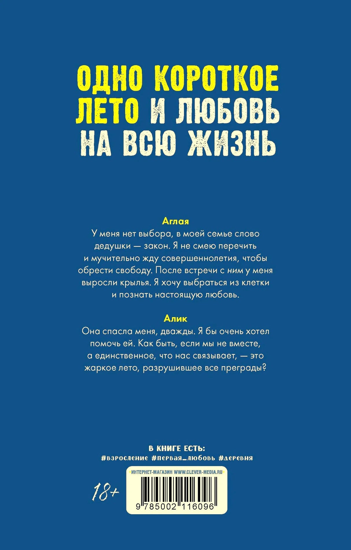 Синяя задняя обложка с аннотацией, отзывами героев и штрихкодом