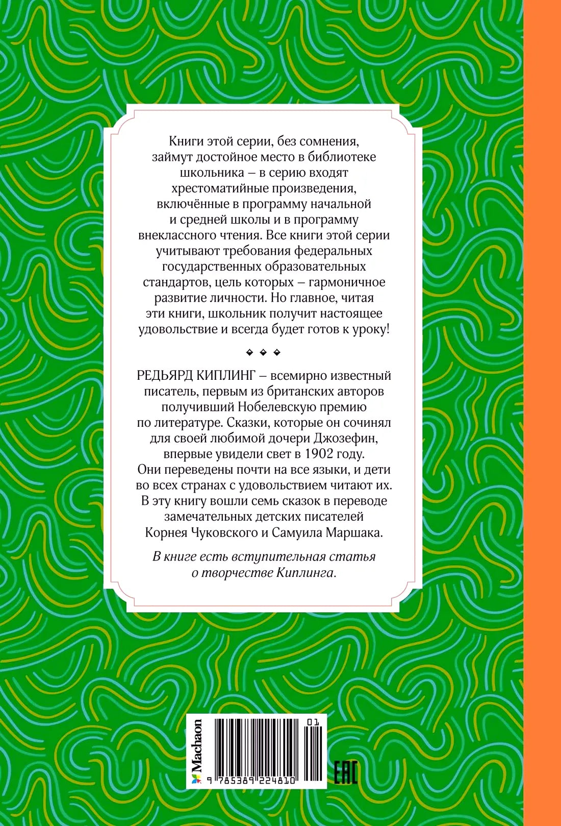 Задняя обложка книги с аннотацией, штрихкодом и зелёным орнаментом.